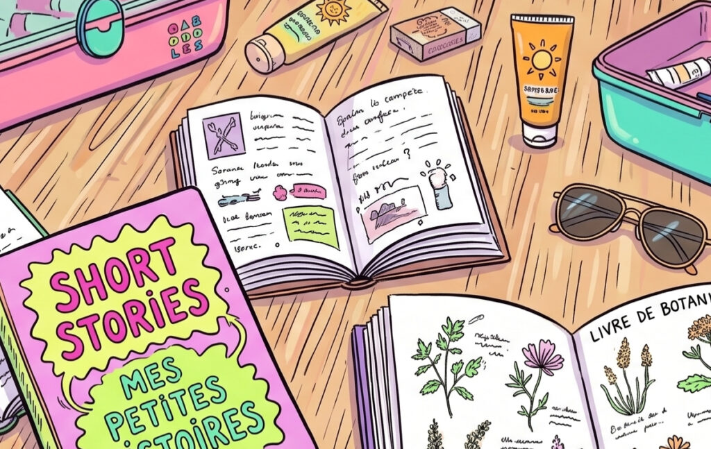 Flat lay illustration of open notebooks, a botany book, a short stories journal, sunglasses, tubes of sunscreen and cosmetics on the floor of a tent in the woods. A Caboodles vanity case in the background.