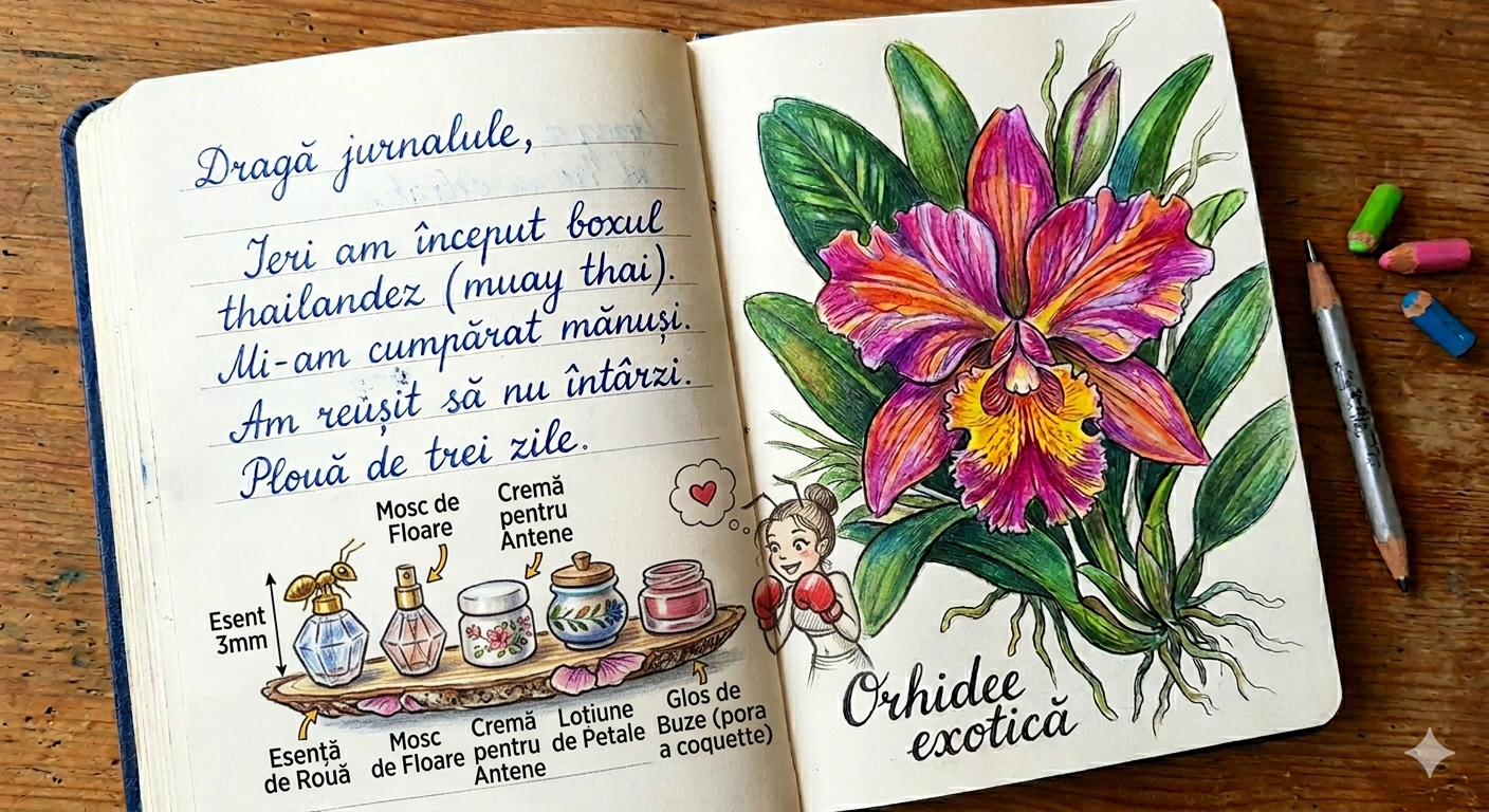 Diary pen on a handwritten page illustrated with an orchid and a collection of vintage bottles.