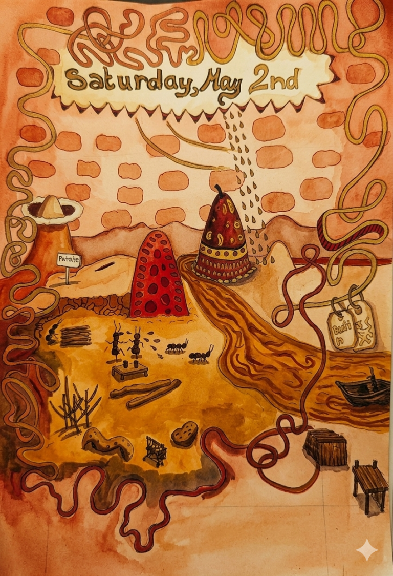 Illustration for my Saturday, May 2nd blog entry that deals mainly with my discipline as an artist living in the woods, focus on my fashion style composed of vintage pieces found on Vinted that remind me of my childhood in the 80s or of cheap market fashion, and containing notes on my tent-based approach of Joel Fuhrman's nutritarianism. The illustration in warm red and brown earthy volcanic tones is a mixed-media watercolor painting colorised by Gemini, based on my early morning drawing. It features a surreal landscape with cone-like mountains, fruit-inspired infrastructures and a secret society of ants.