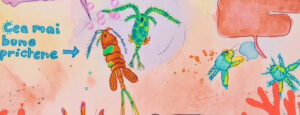 Watercolor illustration of several stylized planktonic microorganisms on a soft pink wash background, including a large orange copepod at the center and a green copepod above it, and two smaller larval plankton to the right. On the left, hand-drawn blue text reads in Romanian: "Cea mai bune prictene ->" (Best friends). The whole image has painted bubbles and splatters.