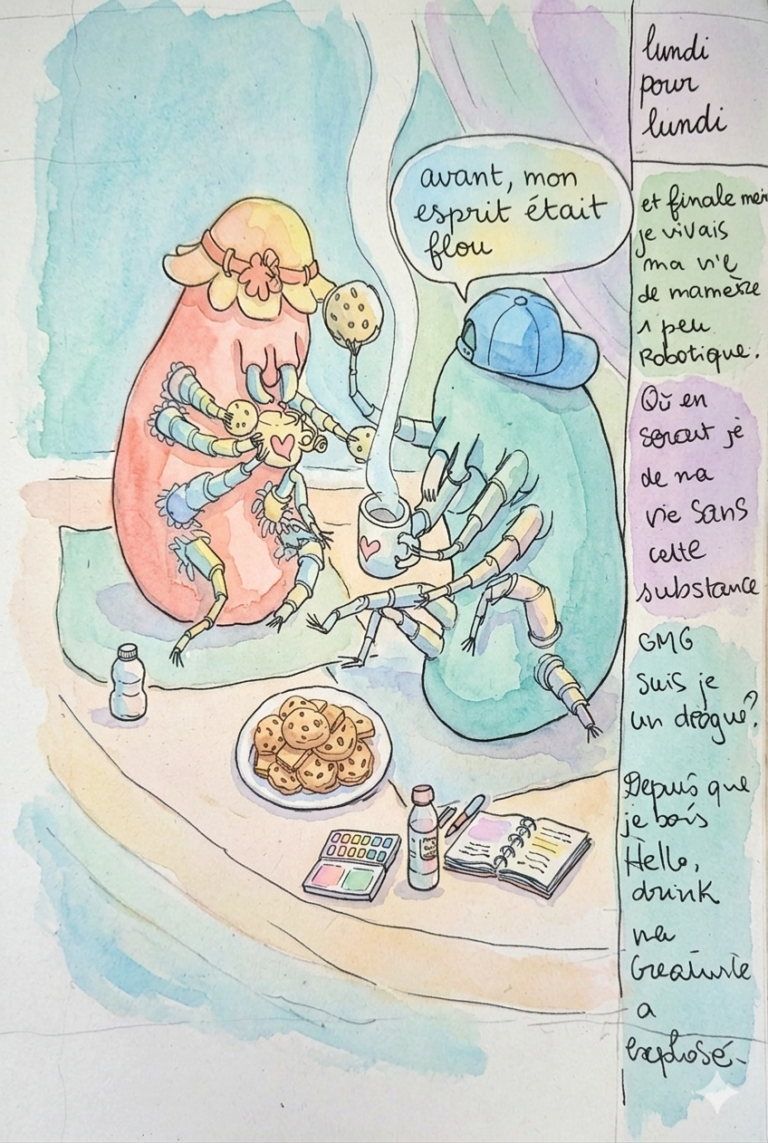Watercolor illustration of two stylized mites sitting together, drinking from mugs and eating cookies. One mite wears a sun hat, the other wears a blue cap backward with a speech bubble saying in French: "avant, mon esprit était flou" (Before, my mind was blurry). Watercolor palette and notebooks are in the foreground.