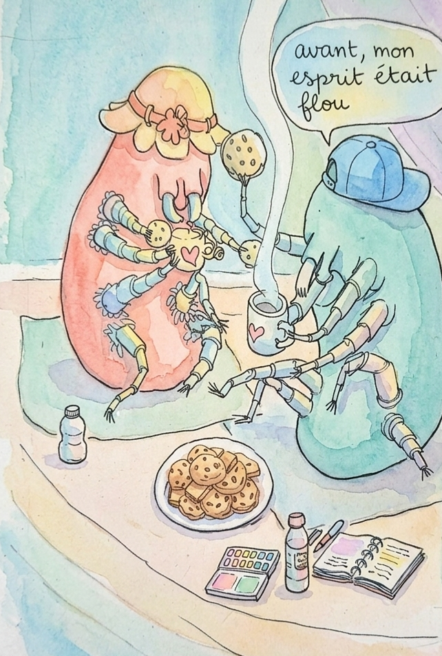 Watercolor illustration of two stylized mites sitting together, drinking from mugs and eating cookies. One mite wears a sun hat, the other wears a blue cap backward with a speech bubble saying in French: "avant, mon esprit était flou" (Before, my mind was blurry). Watercolor palette and notebooks are in the foreground.